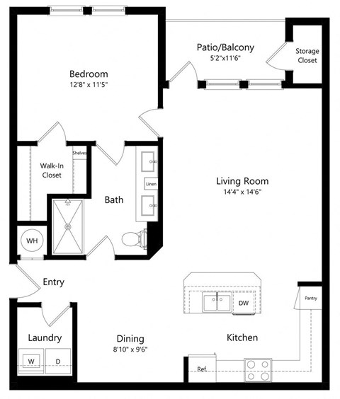Floor plan for 1 bed, 1 bath, 847 sqft